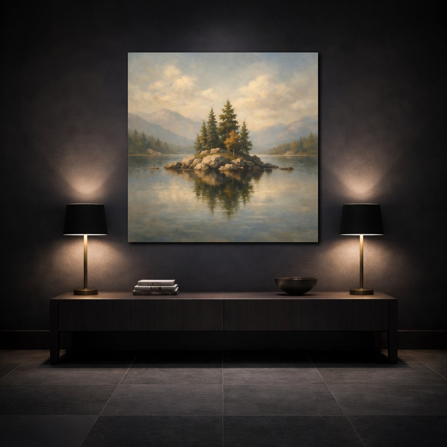 Mockup 3. Nature Rocky Island Lake Island Landscape shown as stretched canvas wall art