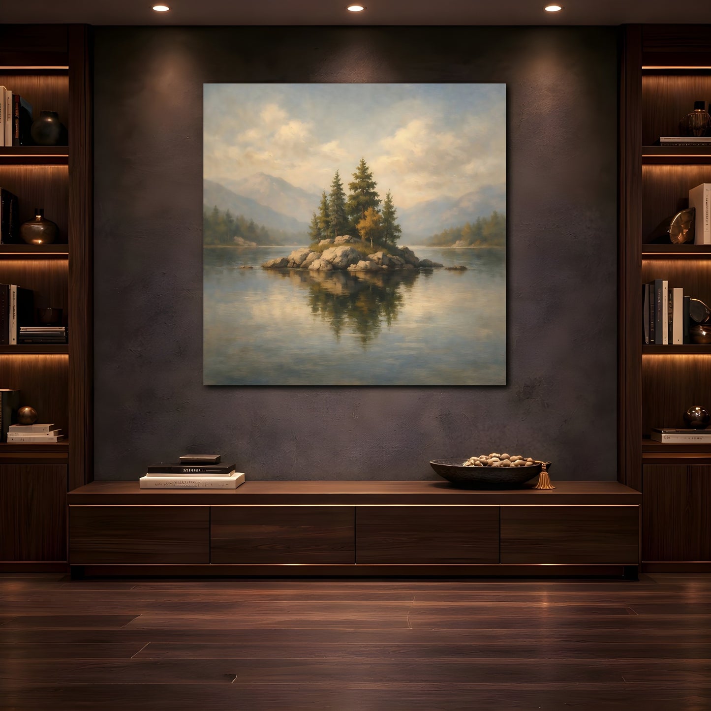 Mockup 4. Nature Rocky Island Lake Island Landscape shown as stretched canvas wall art