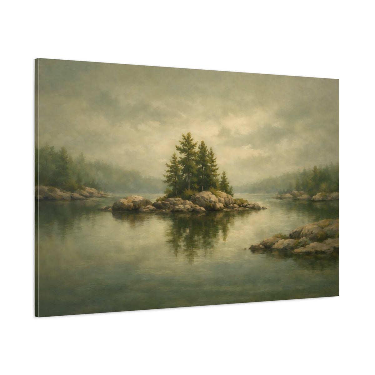 Main Mockup. Nature Rocky Island Misty Green Landscape shown as stretched canvas wall art