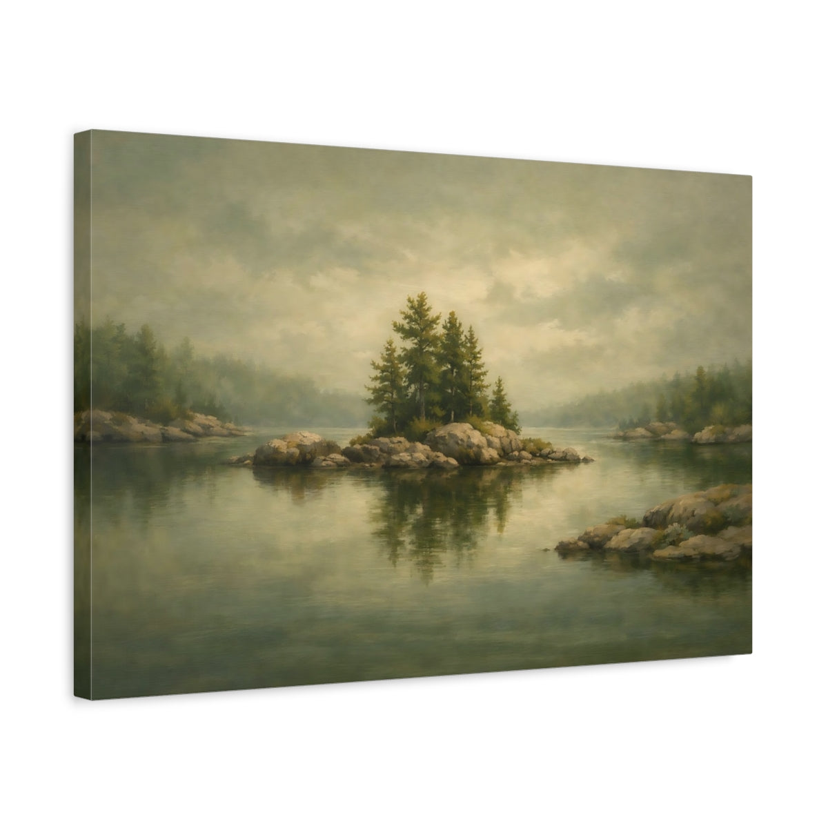 Side Mockup 3. Nature Rocky Island Misty Green Landscape shown as stretched canvas wall art