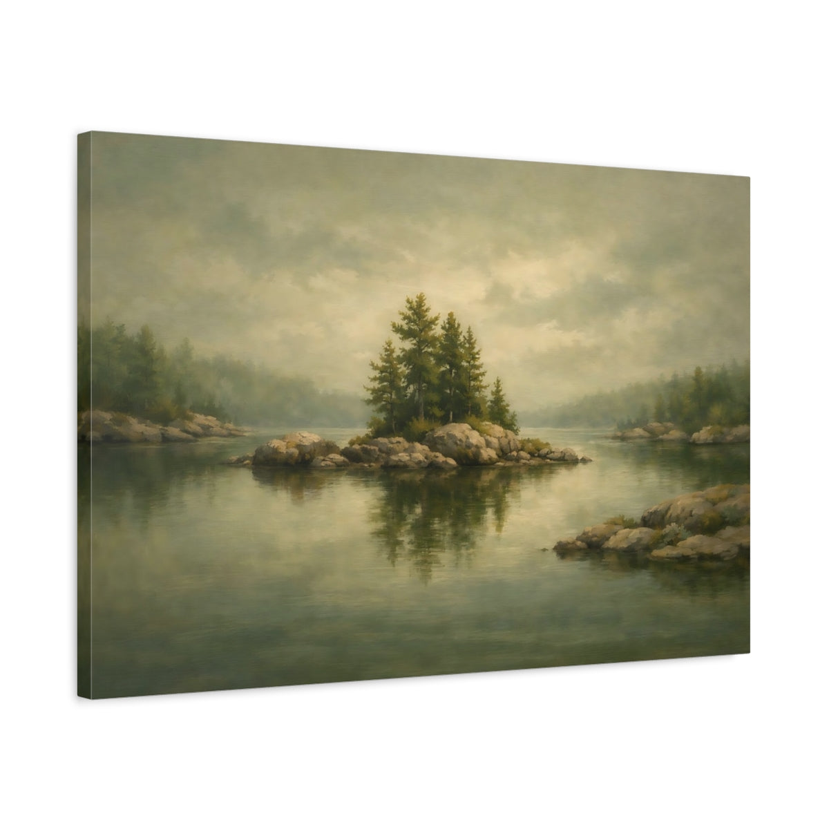 Side Mockup 2. Nature Rocky Island Misty Green Landscape shown as stretched canvas wall art