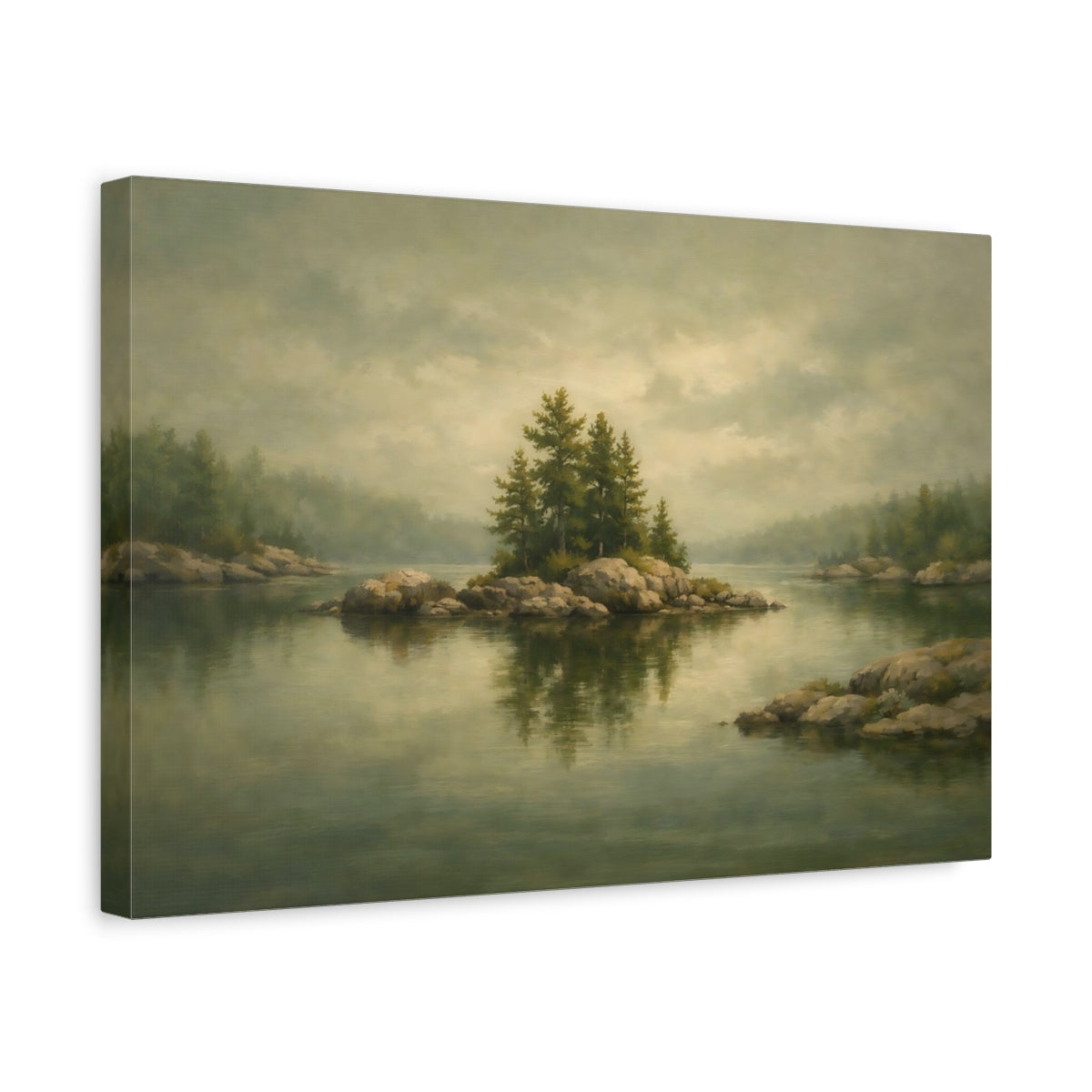 Side Mockup 4. Nature Rocky Island Misty Green Landscape shown as stretched canvas wall art