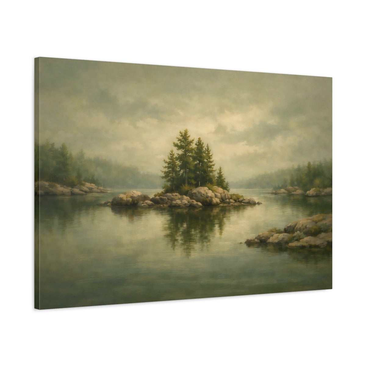 Side Mockup 1. Nature Rocky Island Misty Green Landscape shown as stretched canvas wall art