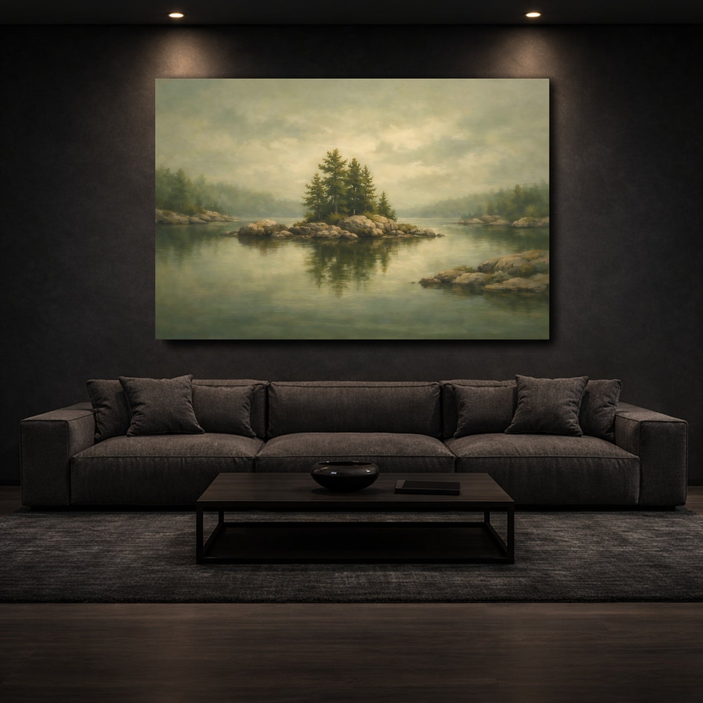 Mockup 2. Nature Rocky Island Misty Green Landscape shown as stretched canvas wall art