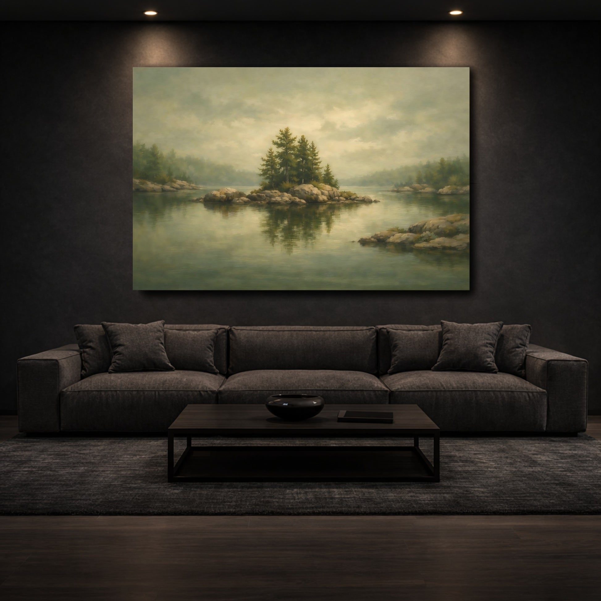 Mockup 2. Nature Rocky Island Misty Green Landscape shown as stretched canvas wall art
