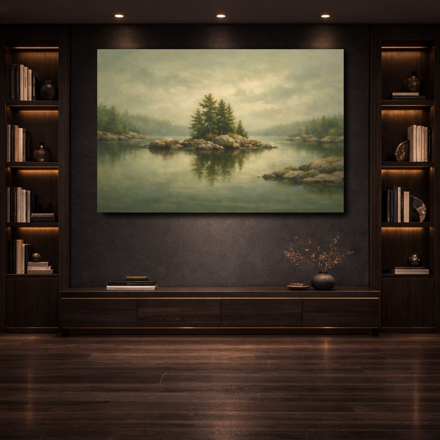 Mockup 3. Nature Rocky Island Misty Green Landscape shown as stretched canvas wall art