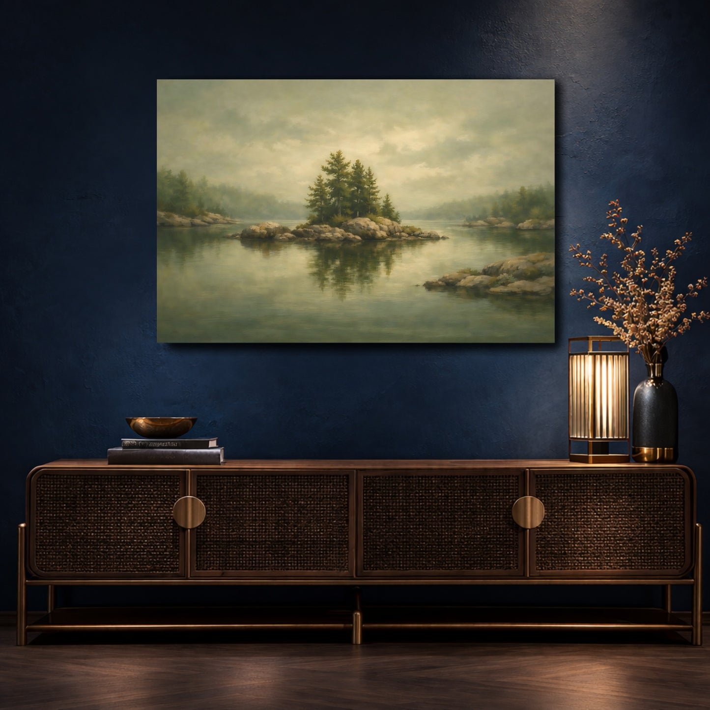 Mockup 4. Nature Rocky Island Misty Green Landscape shown as stretched canvas wall art