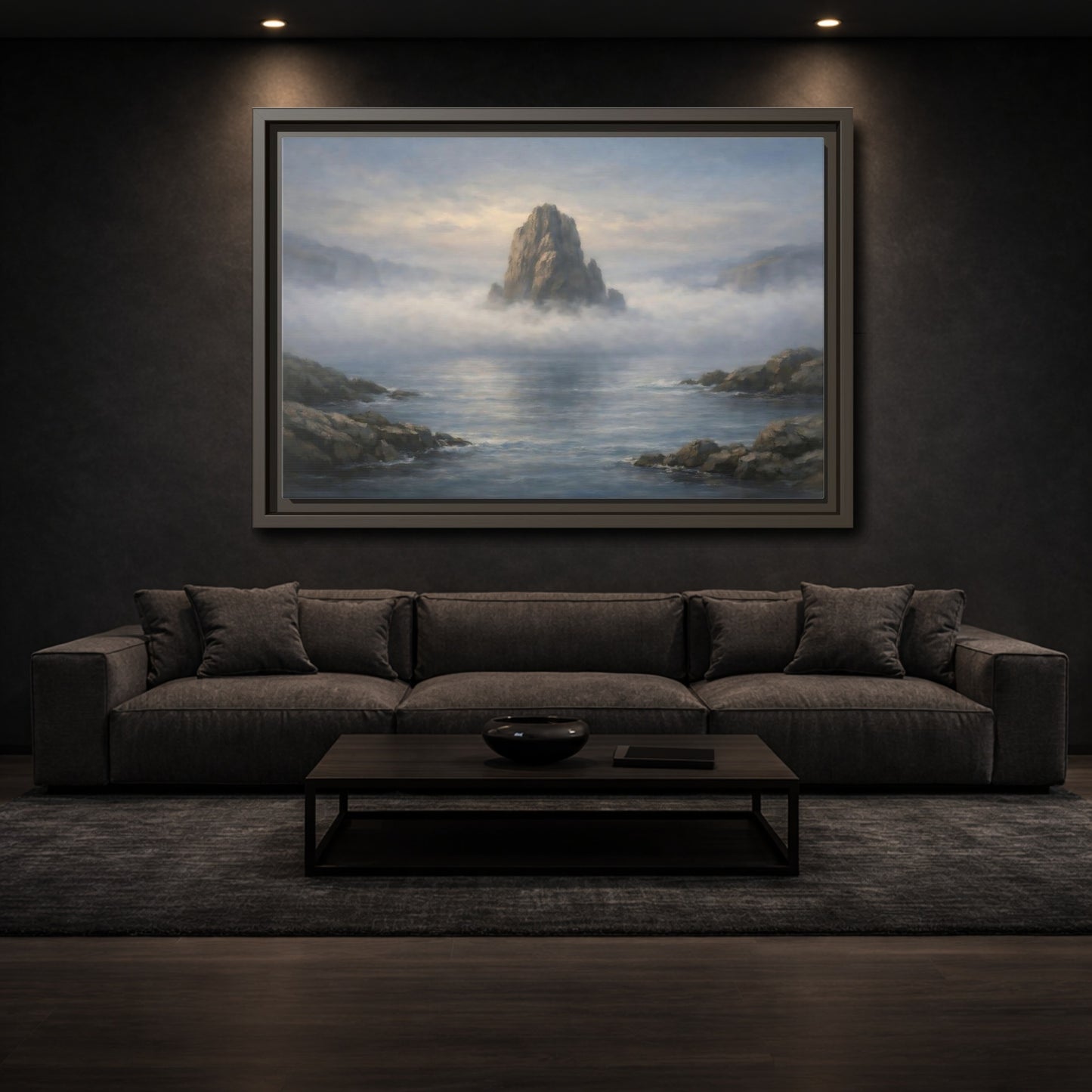 Mockup 2. Nature Rocky Island Misty Island Seascape shown as stretched canvas wall art