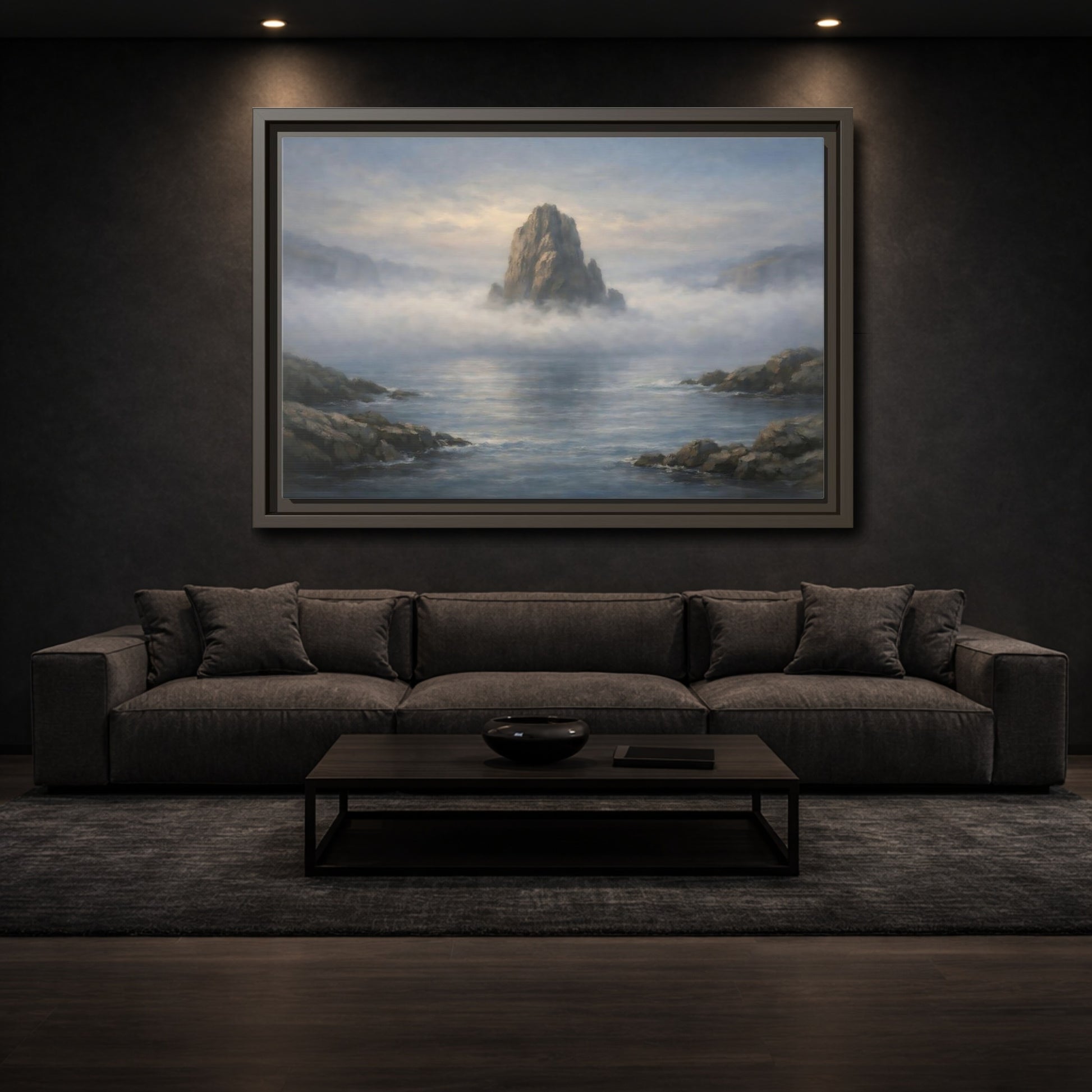 Mockup 2. Nature Rocky Island Misty Island Seascape shown as stretched canvas wall art