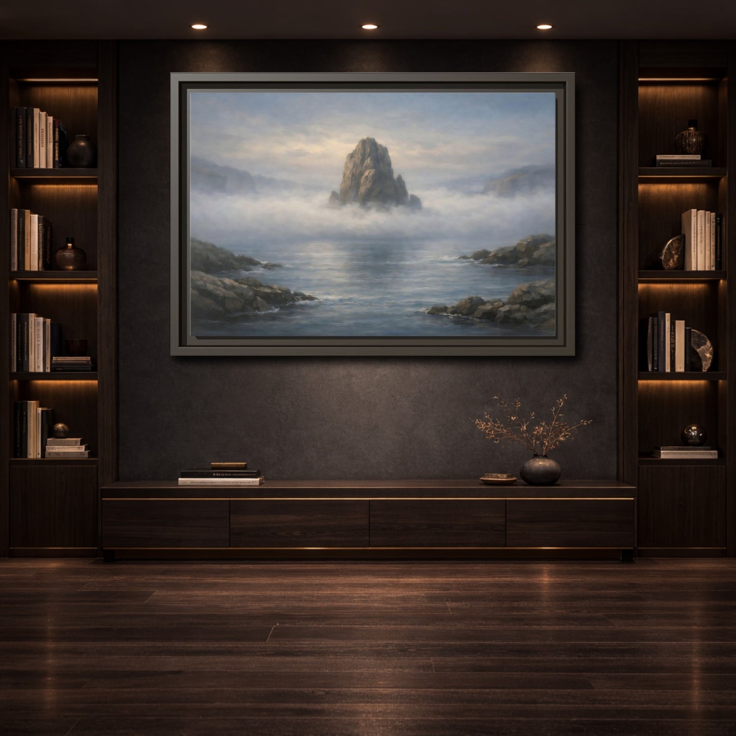Mockup 3. Nature Rocky Island Misty Island Seascape shown as stretched canvas wall art