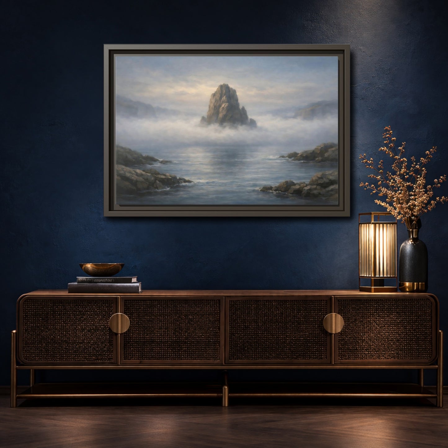 Mockup 4. Nature Rocky Island Misty Island Seascape shown as stretched canvas wall art
