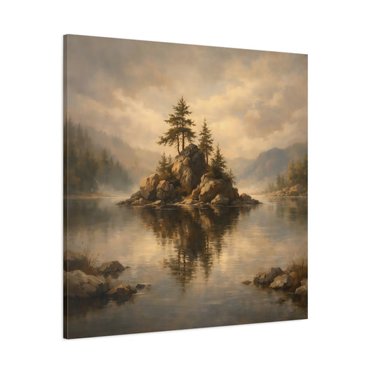 Main Mockup. Nature Rocky Island Misty Lake Island shown as stretched canvas wall art