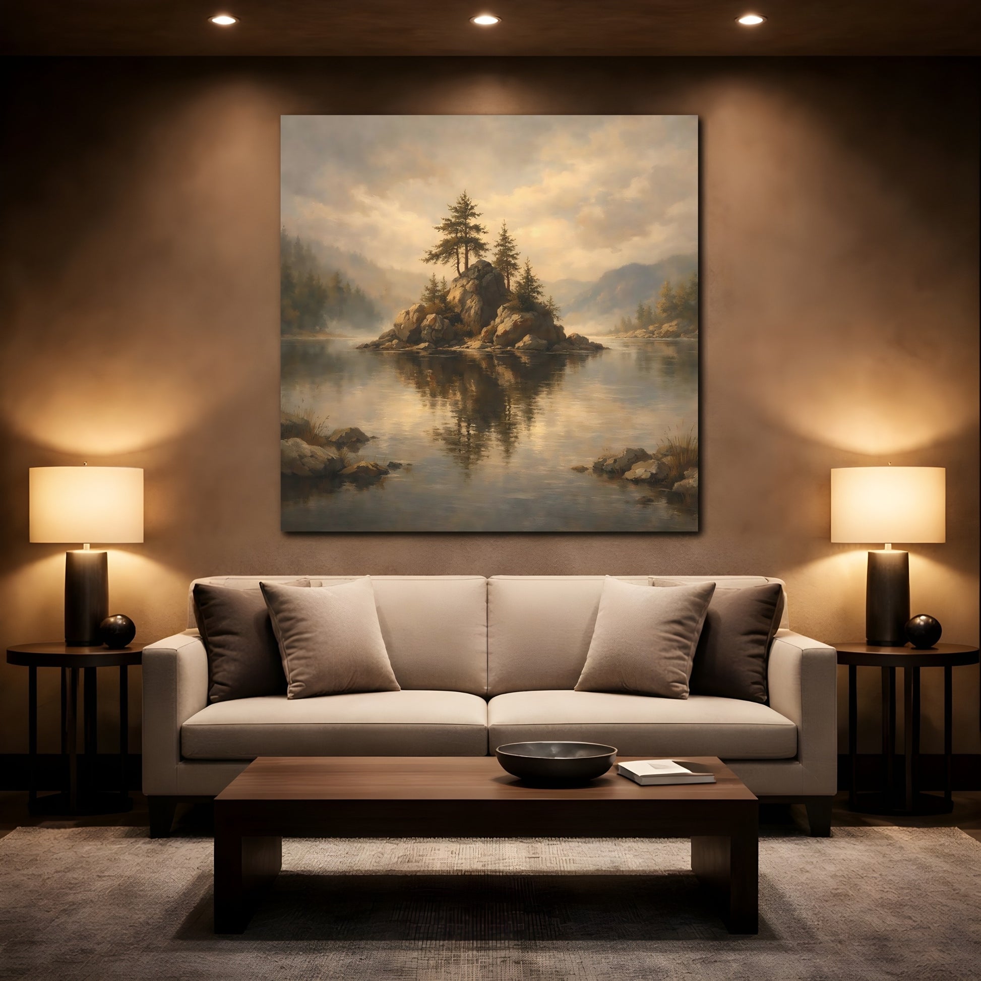 Mockup 2. Nature Rocky Island Misty Lake Island shown as stretched canvas wall art