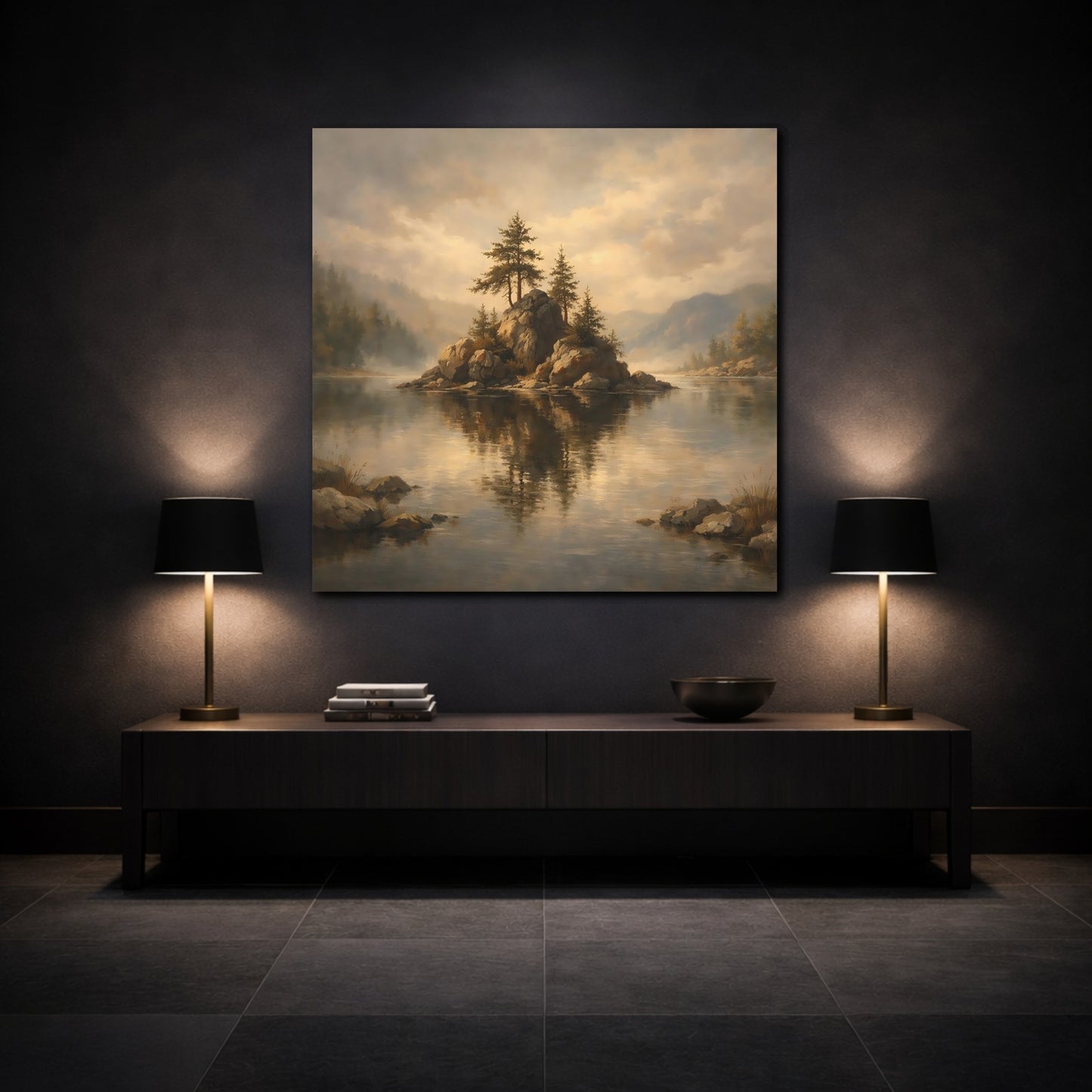Mockup 3. Nature Rocky Island Misty Lake Island shown as stretched canvas wall art
