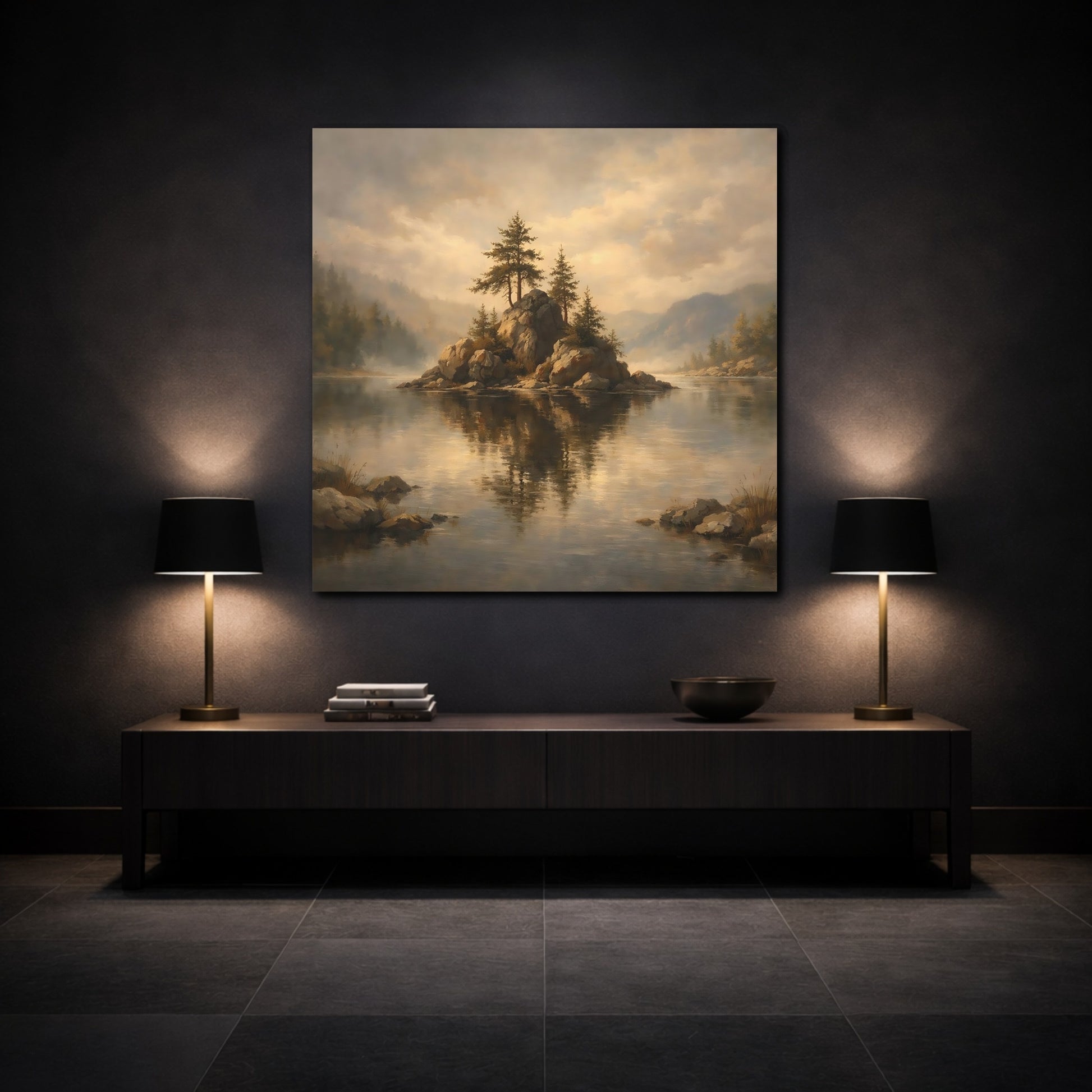 Mockup 3. Nature Rocky Island Misty Lake Island shown as stretched canvas wall art