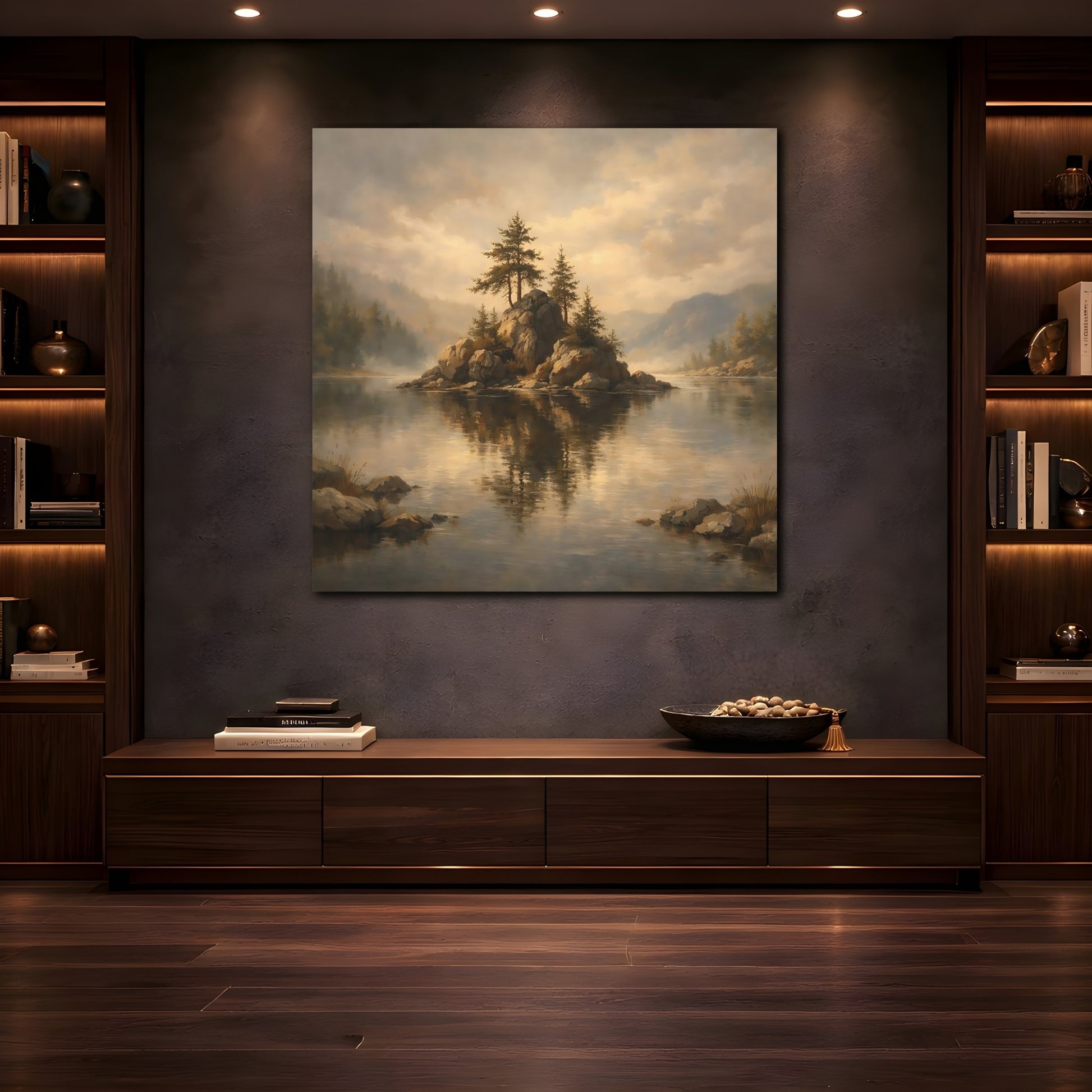 Mockup 4. Nature Rocky Island Misty Lake Island shown as stretched canvas wall art