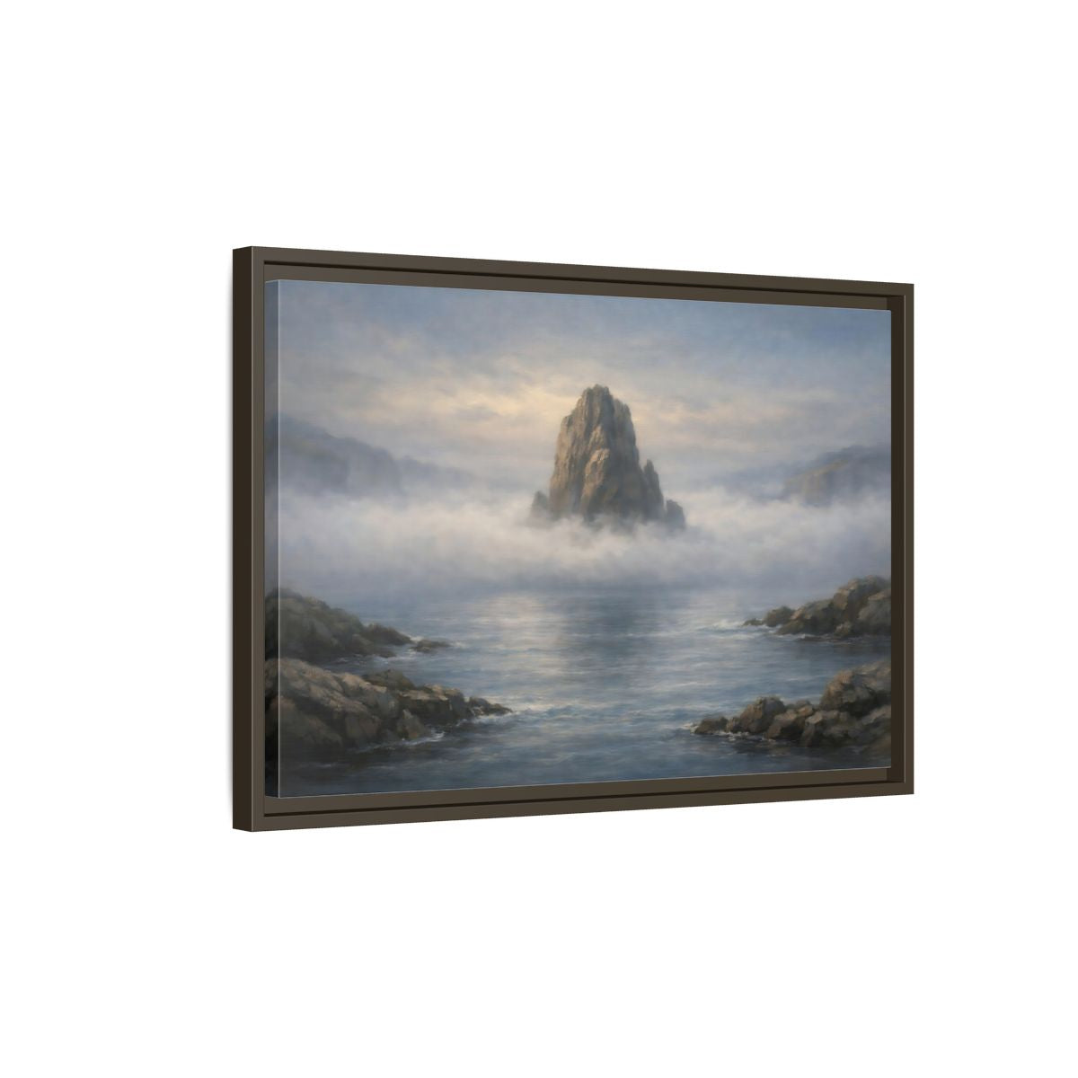 Side Mockup 2. Nature Rocky Island Misty Island Seascape shown as stretched canvas wall art