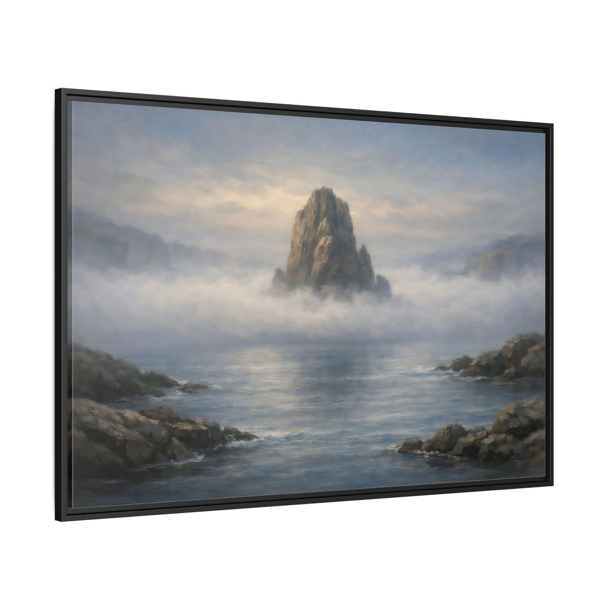 Side Mockup 12. Nature Rocky Island Misty Island Seascape shown as stretched canvas wall art