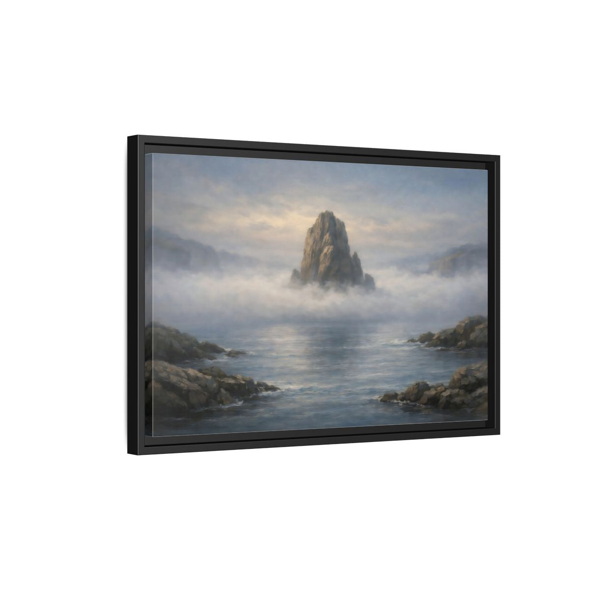 Side Mockup 3. Nature Rocky Island Misty Island Seascape shown as stretched canvas wall art