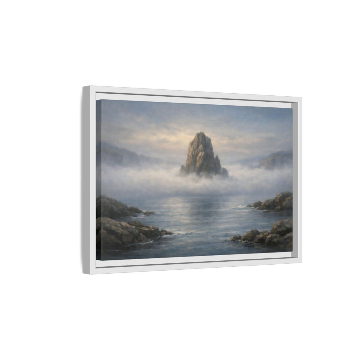 Side Mockup 4. Nature Rocky Island Misty Island Seascape shown as stretched canvas wall art