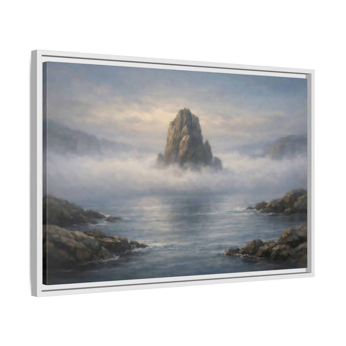 Side Mockup 10. Nature Rocky Island Misty Island Seascape shown as stretched canvas wall art