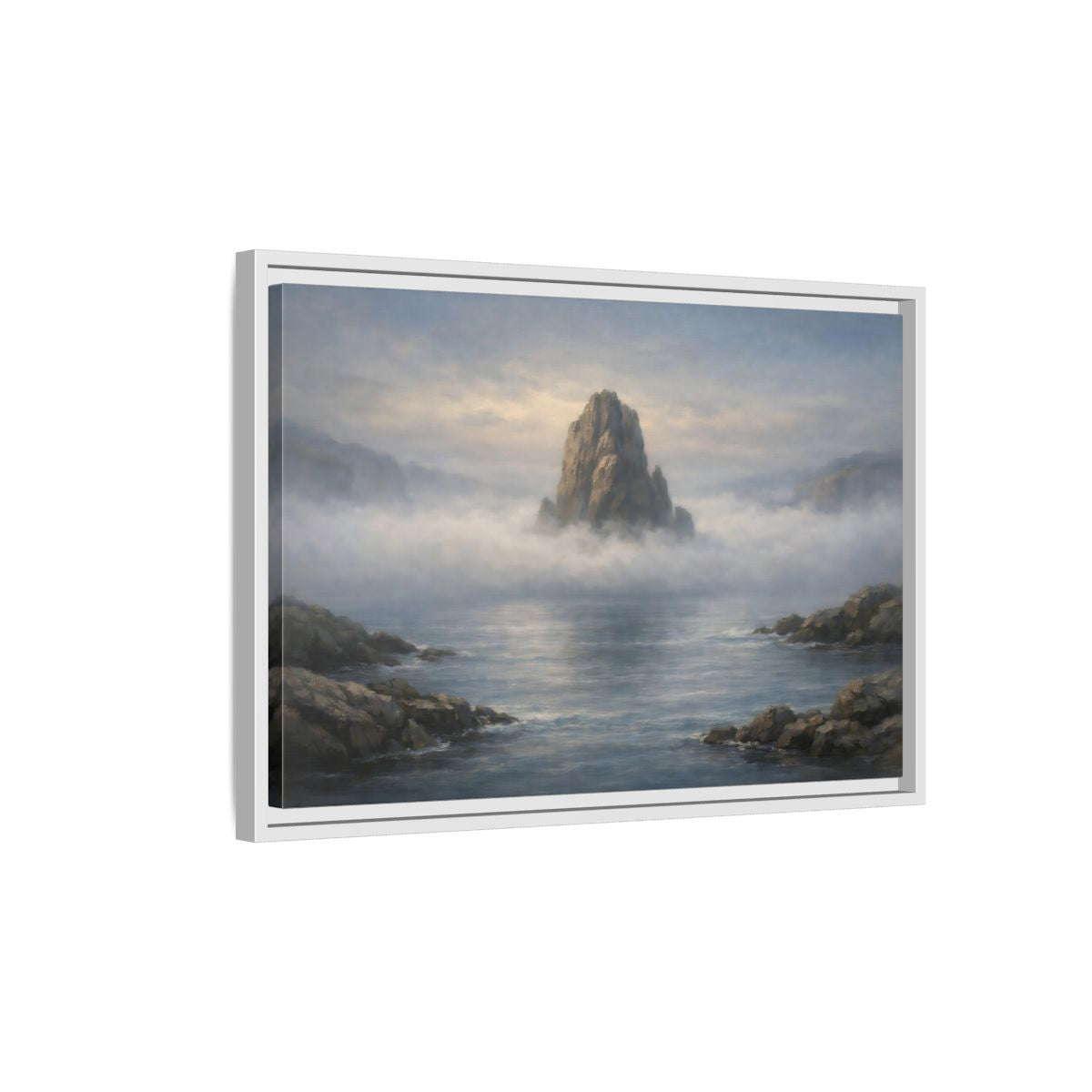 Side Mockup 1. Nature Rocky Island Misty Island Seascape shown as stretched canvas wall art