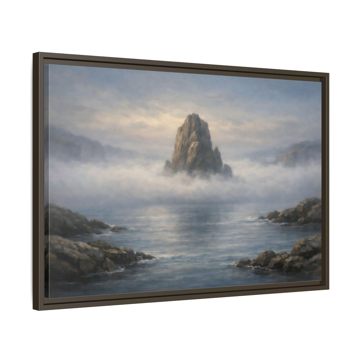 Side Mockup 11. Nature Rocky Island Misty Island Seascape shown as stretched canvas wall art