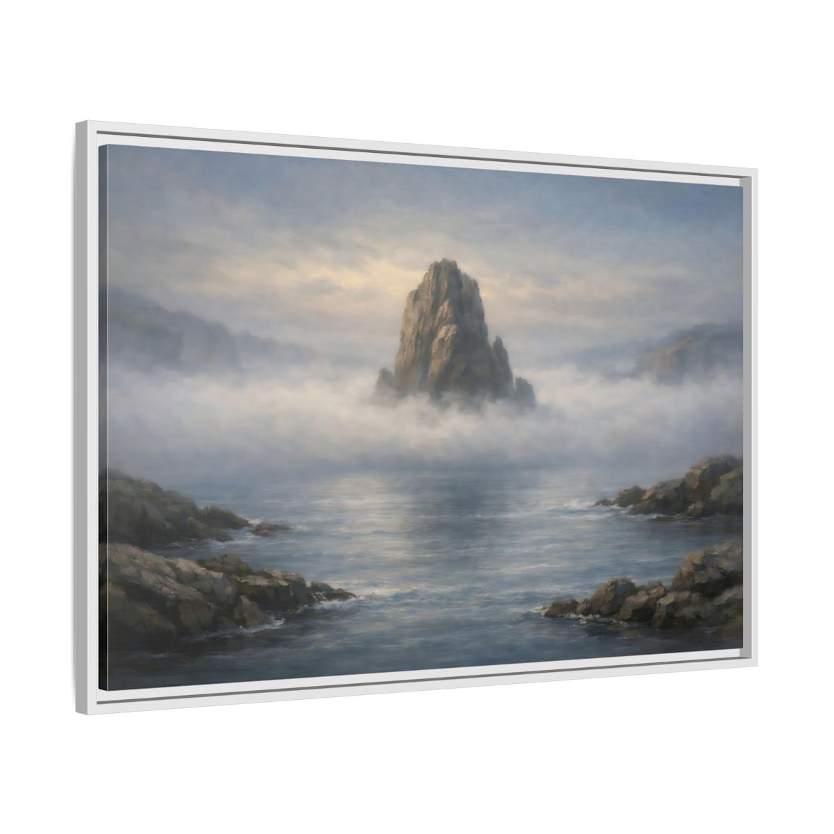 Side Mockup 8. Nature Rocky Island Misty Island Seascape shown as stretched canvas wall art