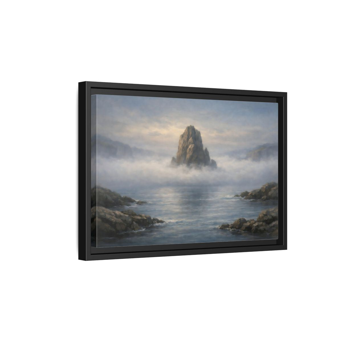 Side Mockup 6. Nature Rocky Island Misty Island Seascape shown as stretched canvas wall art