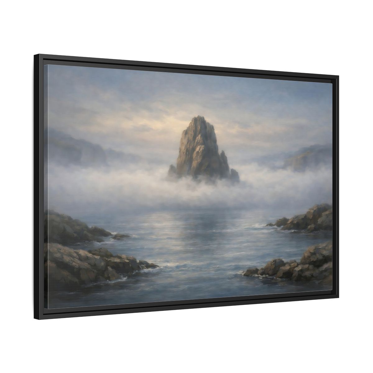 Side Mockup 13. Nature Rocky Island Misty Island Seascape shown as stretched canvas wall art