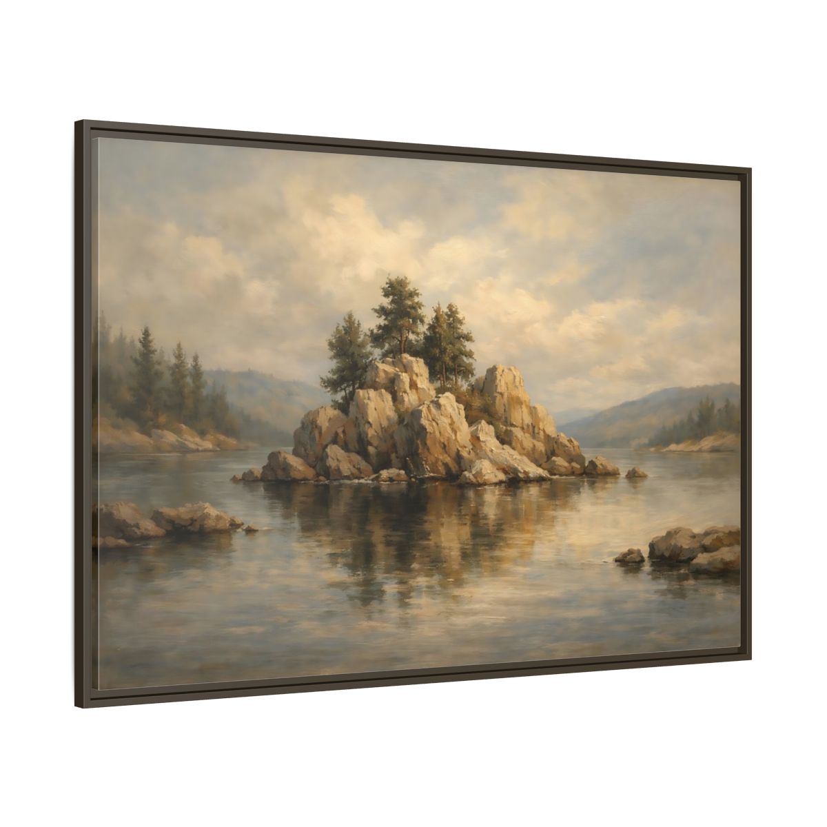 Main Mockup. Nature Rocky Island Muted Lake Landscape shown as stretched canvas wall art