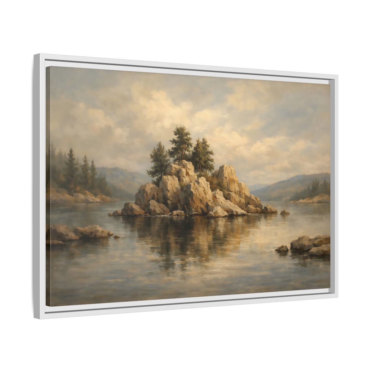 Side Mockup 10. Nature Rocky Island Muted Lake Landscape shown as stretched canvas wall art