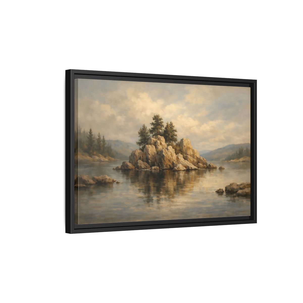 Side Mockup 3. Nature Rocky Island Muted Lake Landscape shown as stretched canvas wall art