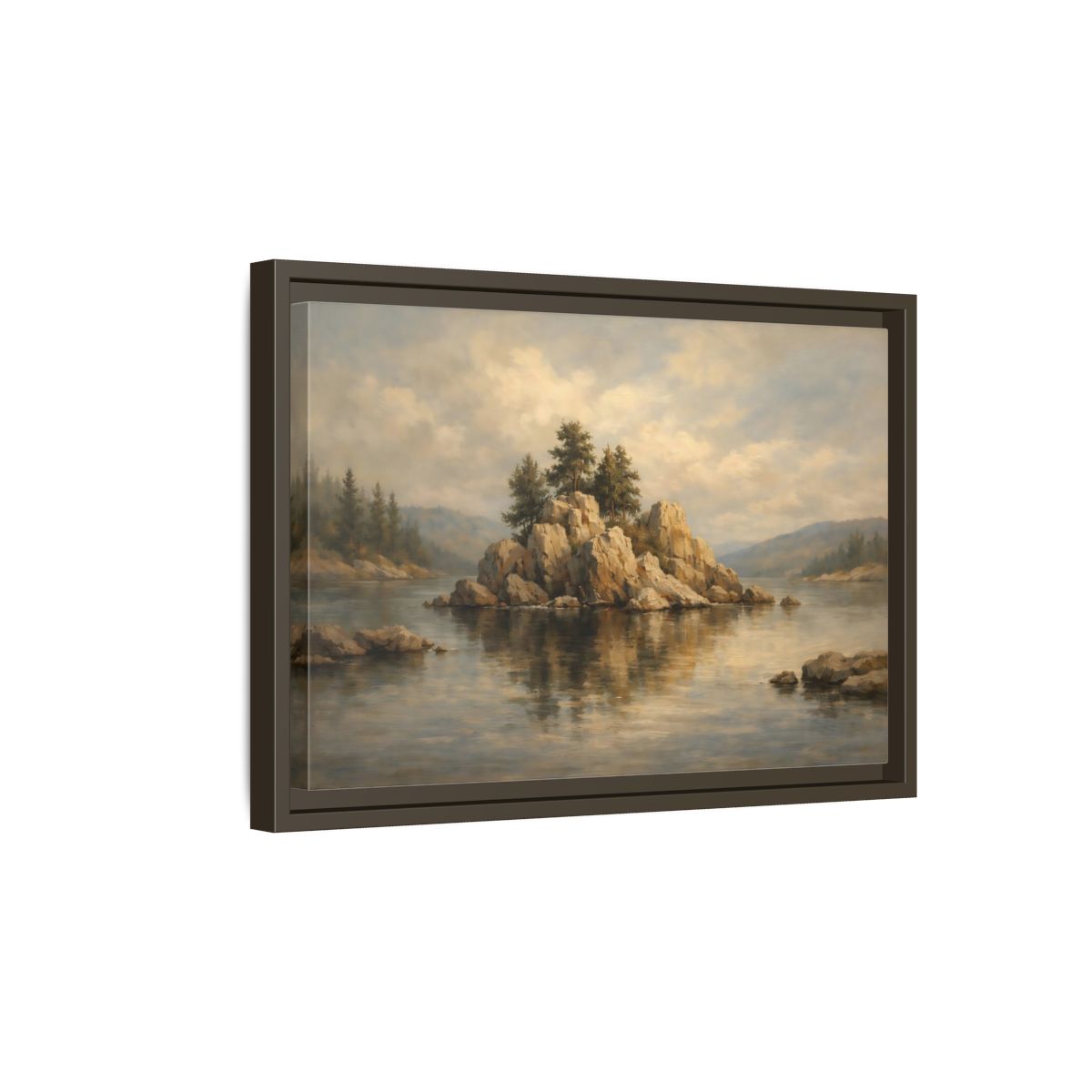 Side Mockup 5. Nature Rocky Island Muted Lake Landscape shown as stretched canvas wall art