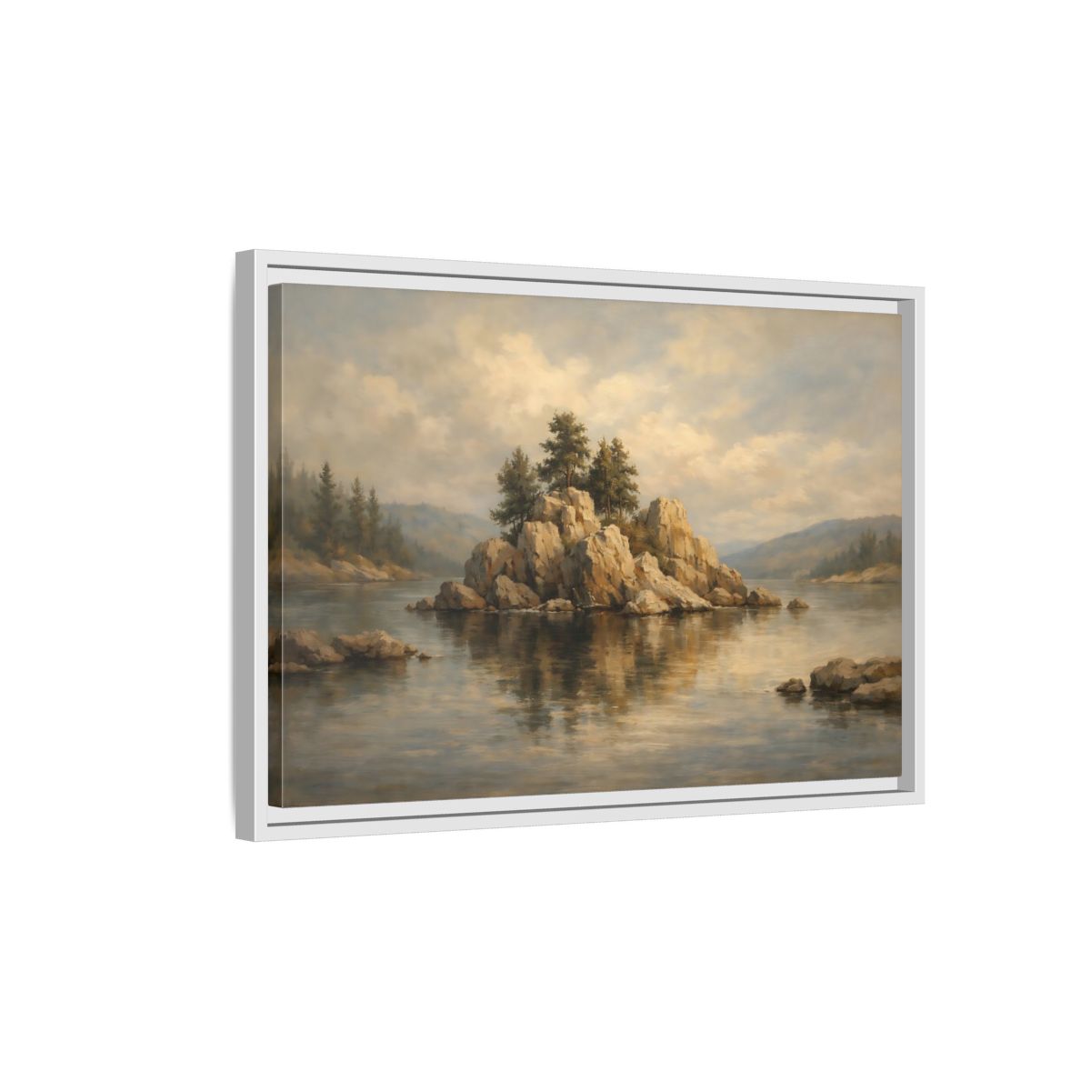Side Mockup 1. Nature Rocky Island Muted Lake Landscape shown as stretched canvas wall art