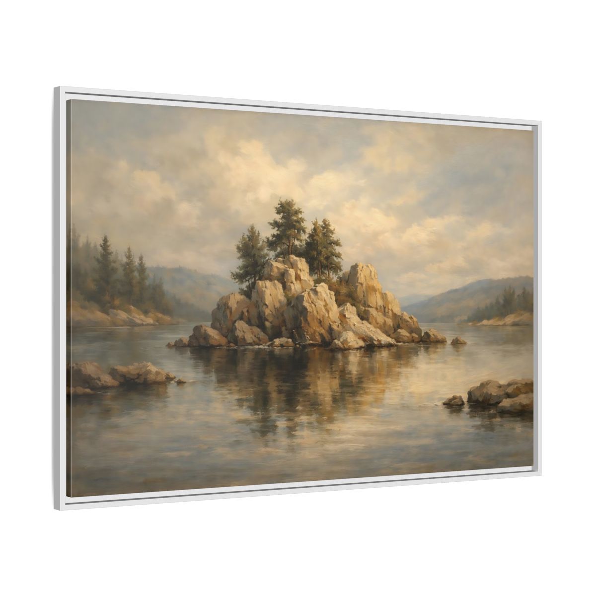 Side Mockup 7. Nature Rocky Island Muted Lake Landscape shown as stretched canvas wall art