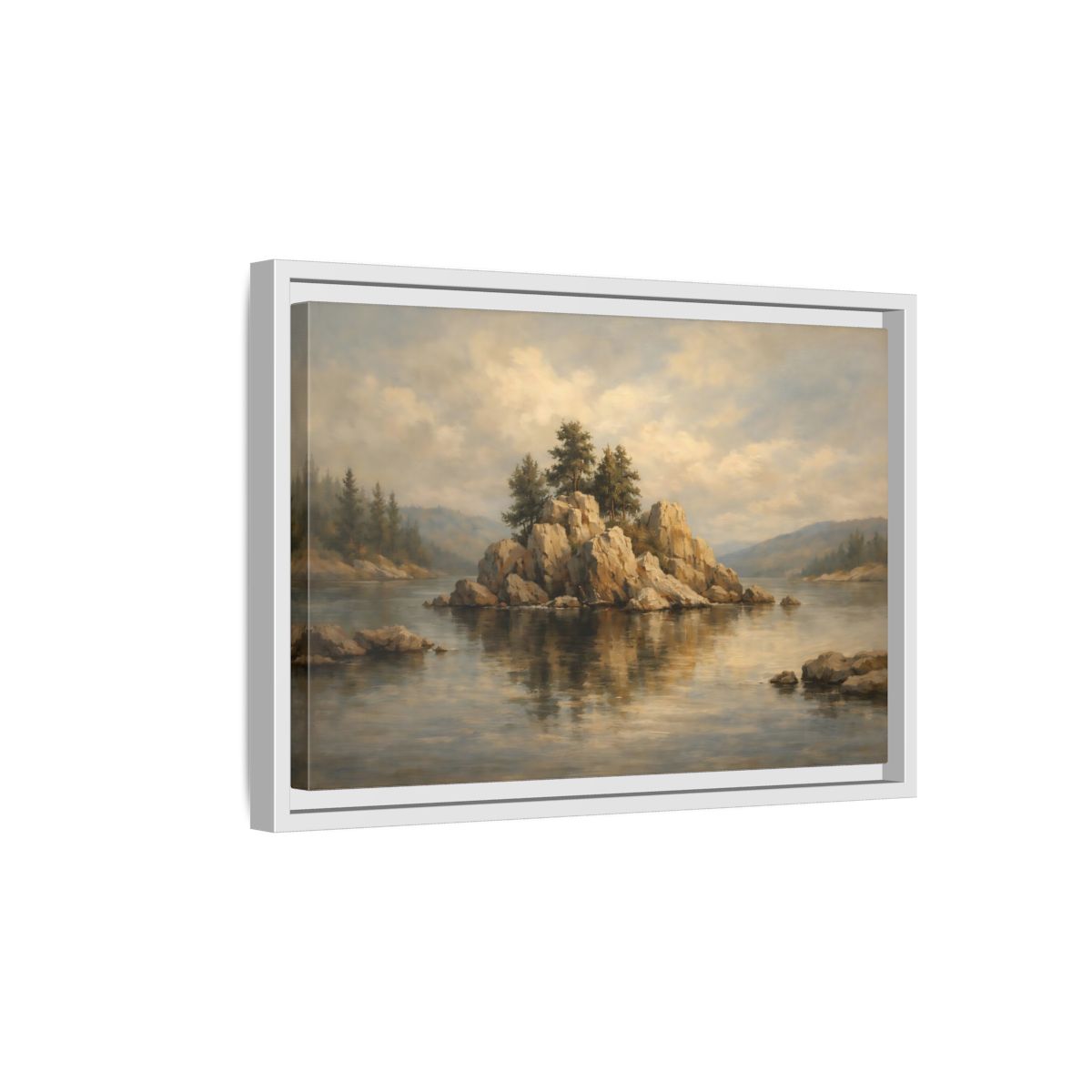 Side Mockup 4. Nature Rocky Island Muted Lake Landscape shown as stretched canvas wall art