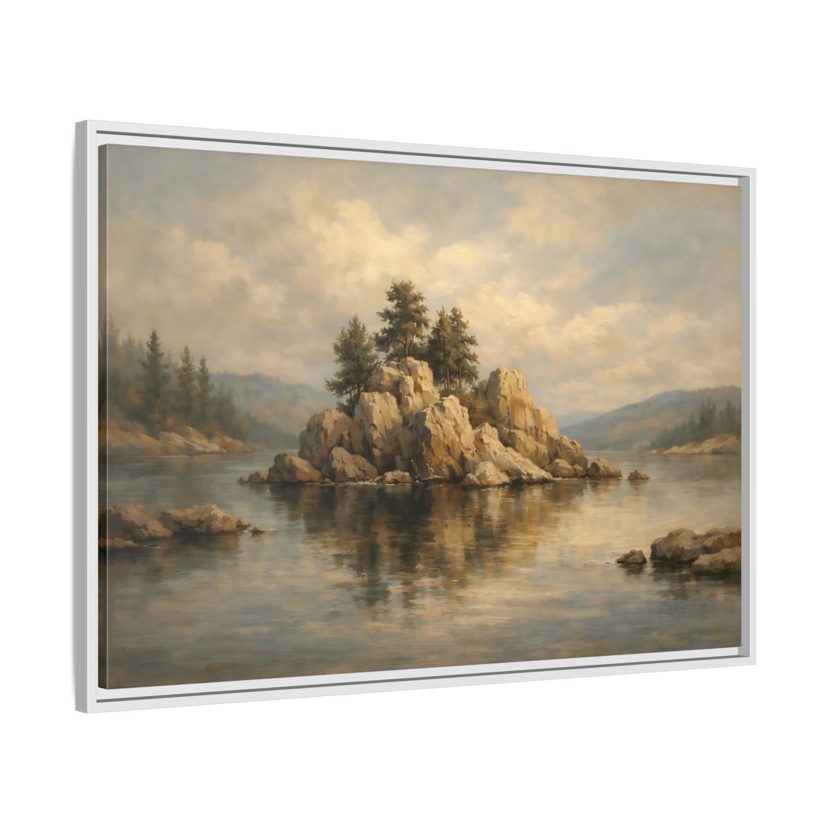 Side Mockup 8. Nature Rocky Island Muted Lake Landscape shown as stretched canvas wall art