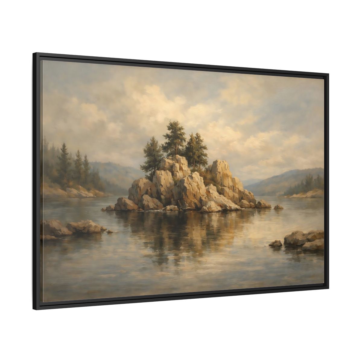Side Mockup 12. Nature Rocky Island Muted Lake Landscape shown as stretched canvas wall art