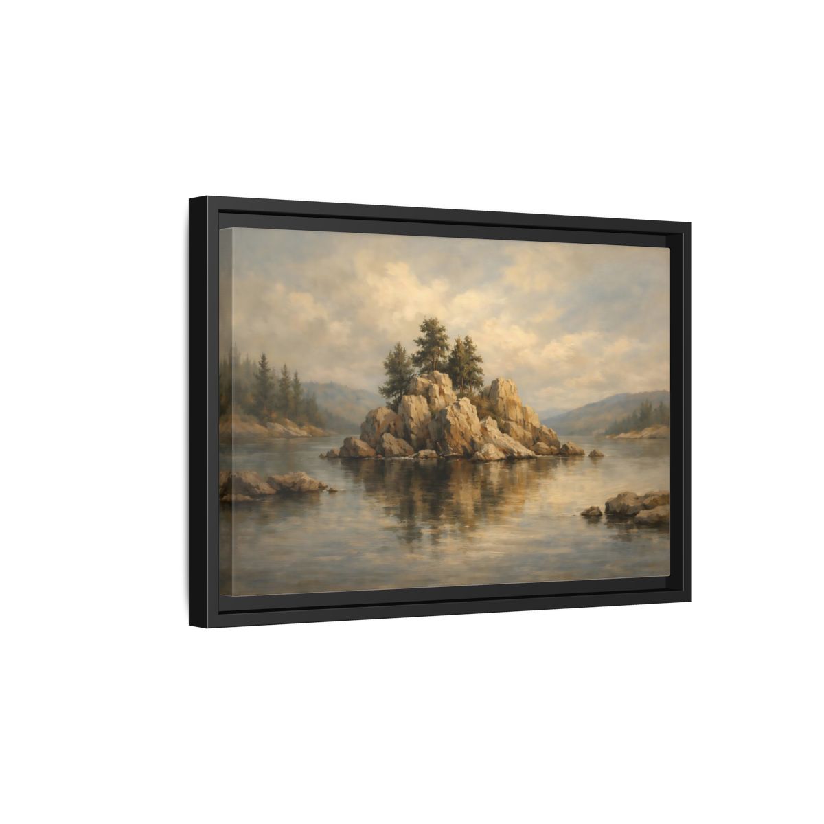 Side Mockup 6. Nature Rocky Island Muted Lake Landscape shown as stretched canvas wall art