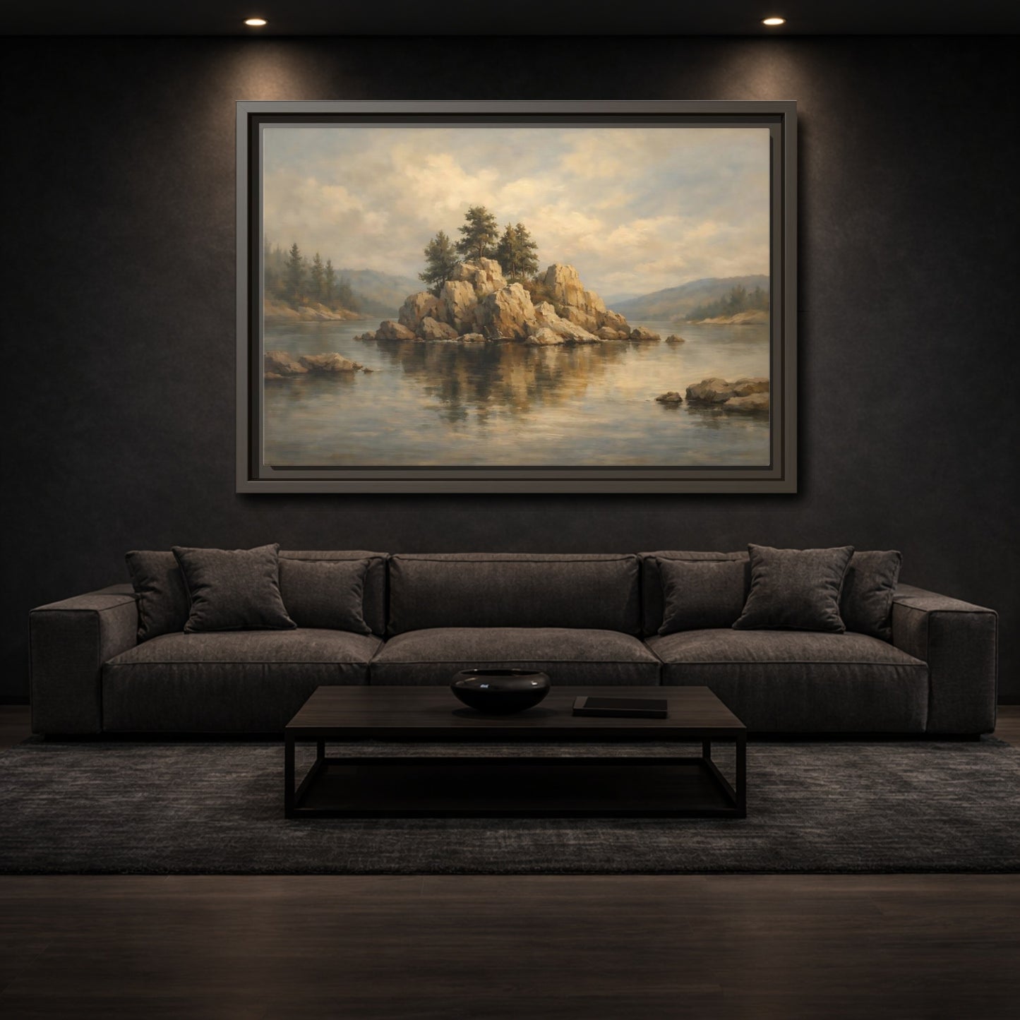Mockup 2. Nature Rocky Island Muted Lake Landscape shown as stretched canvas wall art