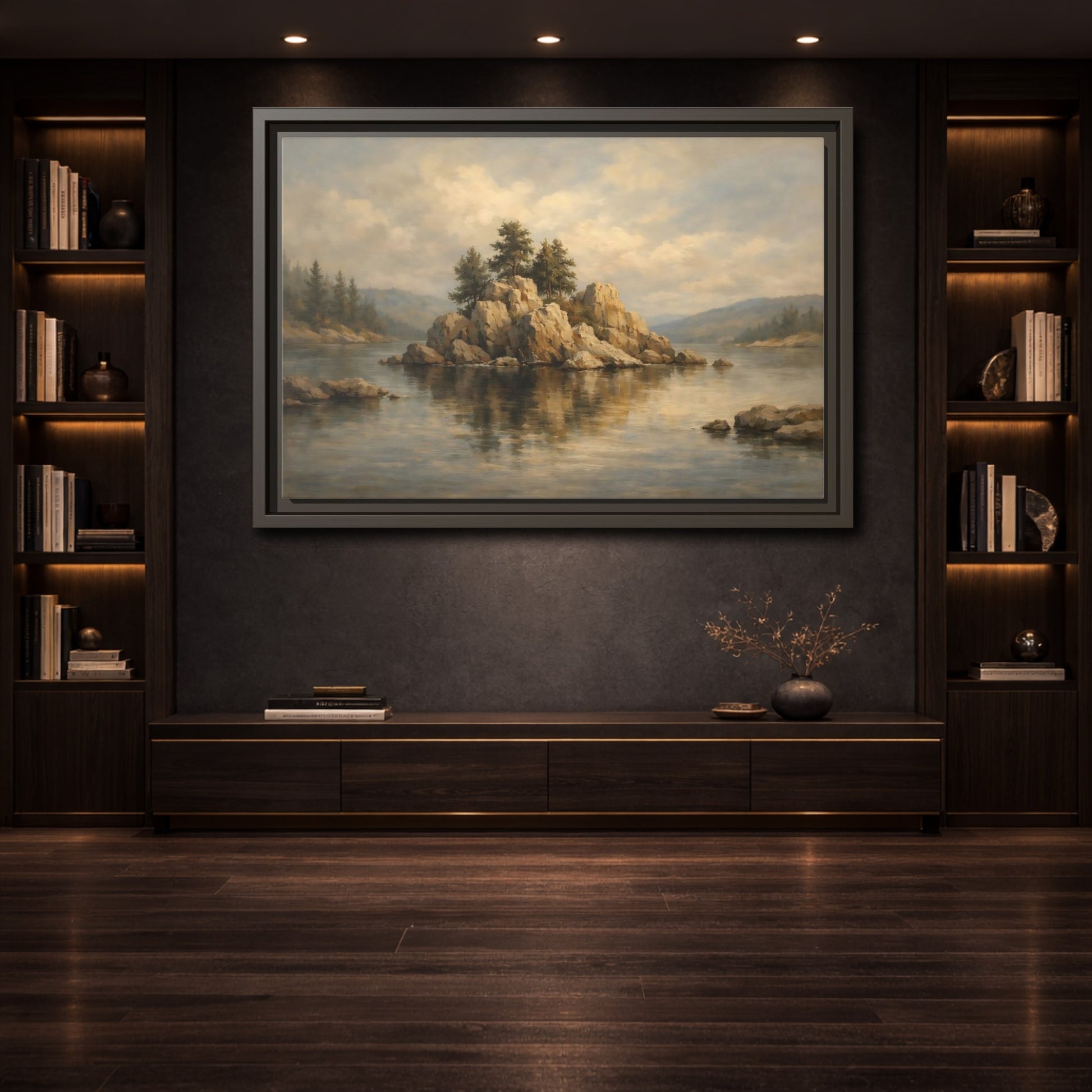 Mockup 3. Nature Rocky Island Muted Lake Landscape shown as stretched canvas wall art