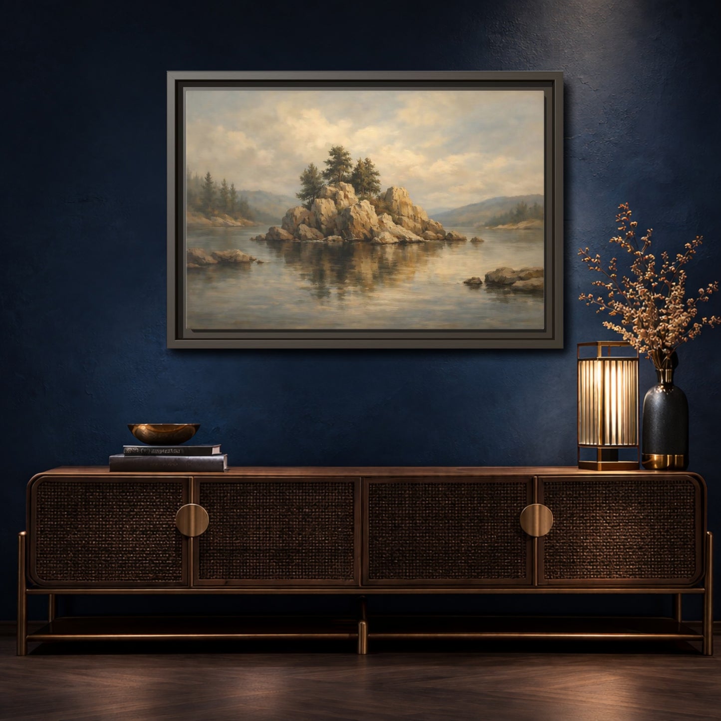 Mockup 4. Nature Rocky Island Muted Lake Landscape shown as stretched canvas wall art