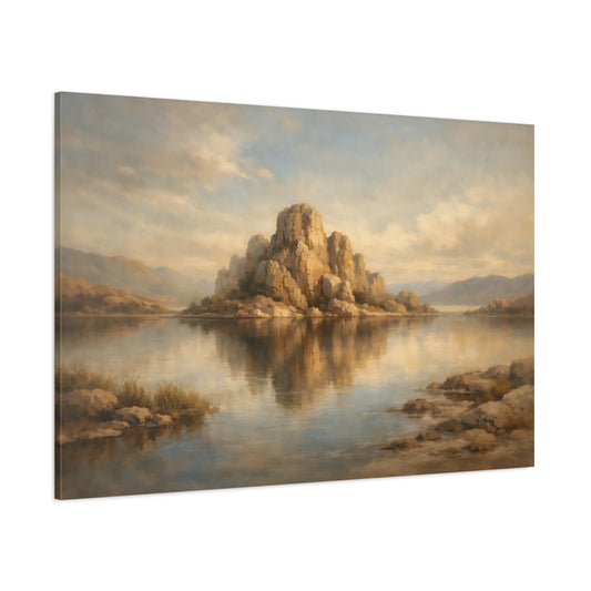Main Mockup. Nature Rocky Island Muted Landscape shown as stretched canvas wall art