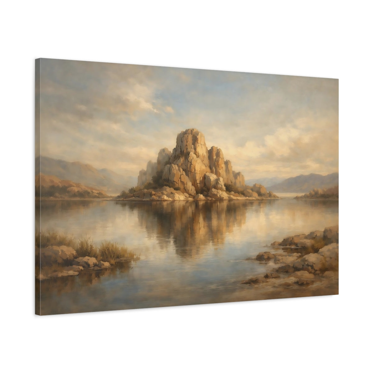 Side Mockup 1. Nature Rocky Island Muted Landscape shown as stretched canvas wall art