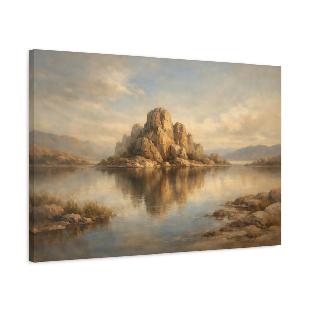 Side Mockup 2. Nature Rocky Island Muted Landscape shown as stretched canvas wall art