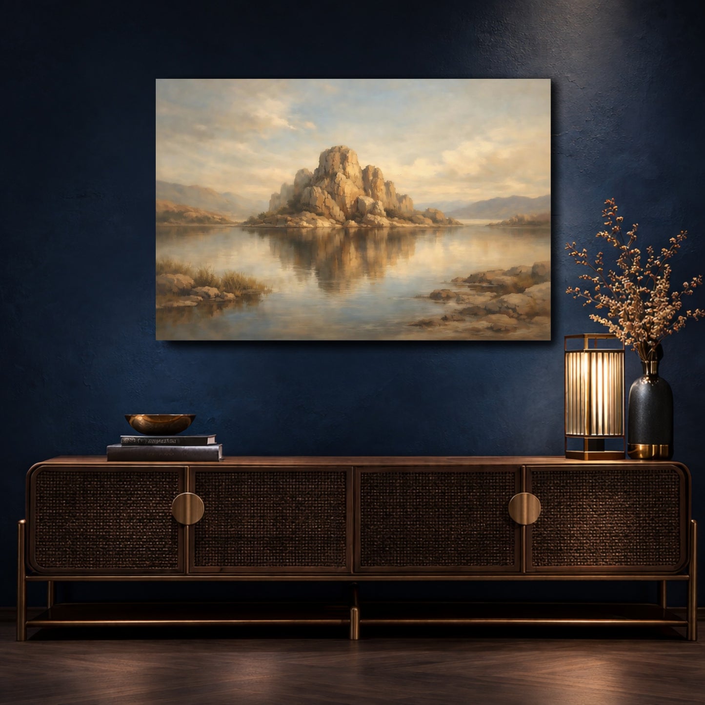 Mockup 4. Nature Rocky Island Muted Landscape shown as stretched canvas wall art
