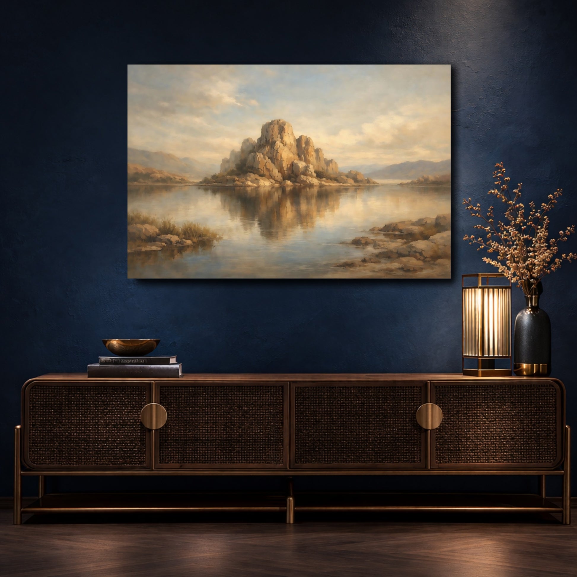Mockup 4. Nature Rocky Island Muted Landscape shown as stretched canvas wall art