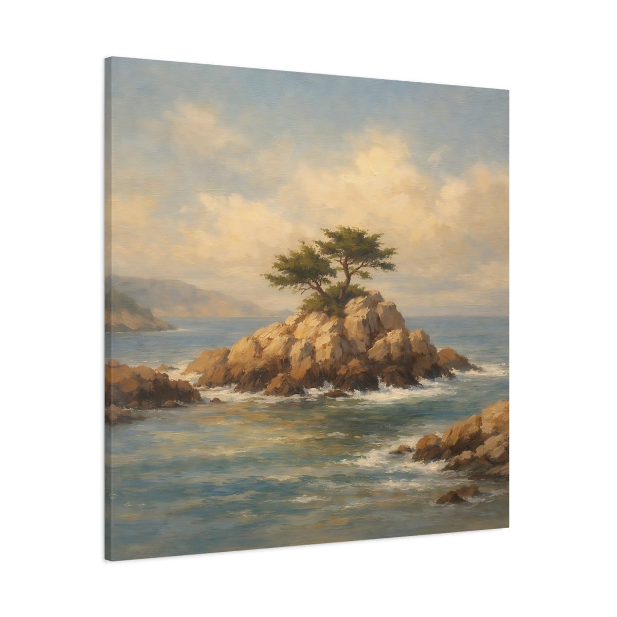 Main Mockup. Nature Rocky Islet Coastal Landscape Blue shown as stretched canvas wall art