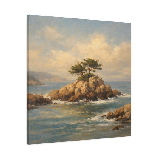 Main Mockup. Nature Rocky Islet Coastal Landscape Blue shown as stretched canvas wall art